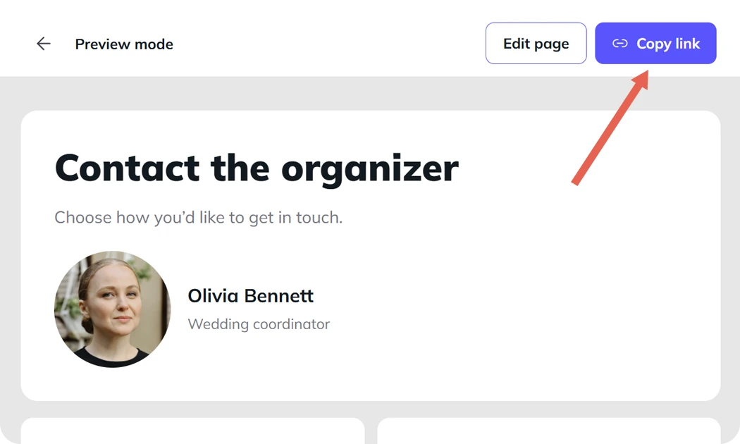 The Copy link control in the contact-page editor