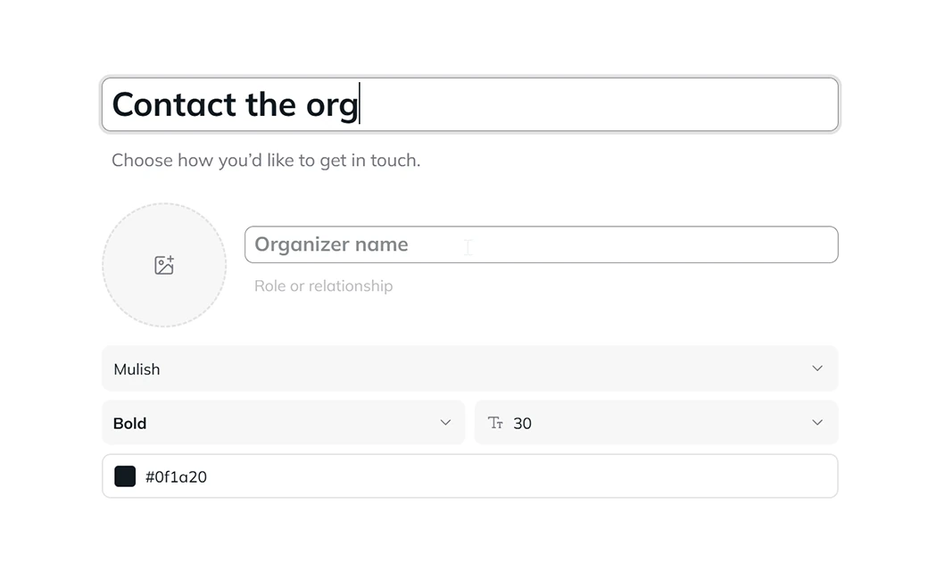 Contact page appearance settings in Invitarium
