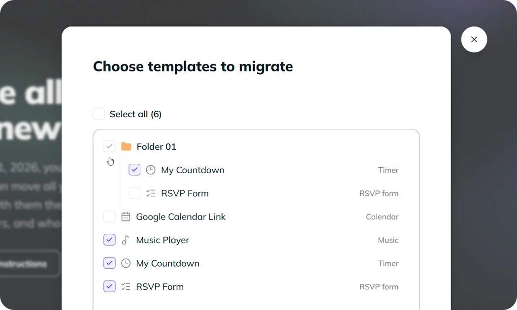 Legacy folders and templates selected in the migration picker